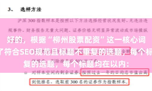 好的，根据“柳州股票配资”这一核心词，为您策划了符合SEO规范且标题不重复的选题，每个标题均在以内：
